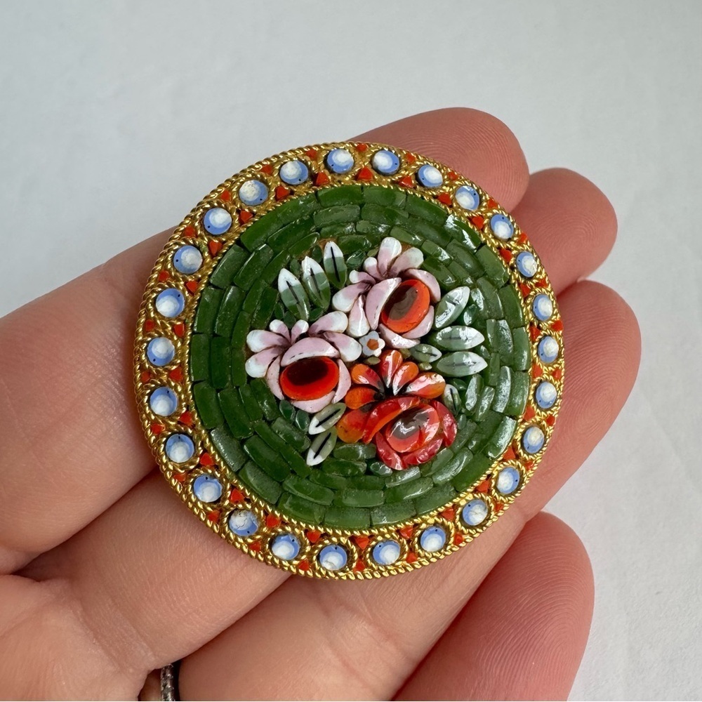 Vintage Micro Mosaic Brooch Green Rose Pin Signed Italy Italian Florentine - Picture 9 of 10
